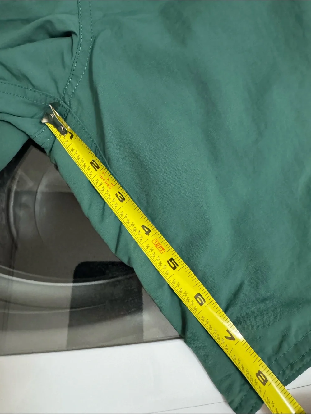 Patagonia Green Swim Board Shorts with Mustard Waistband and Blue Side Stripe